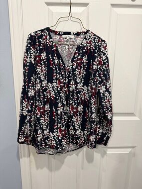cleo Navy Floral V-Neck Blouse with White & Red Blossoms